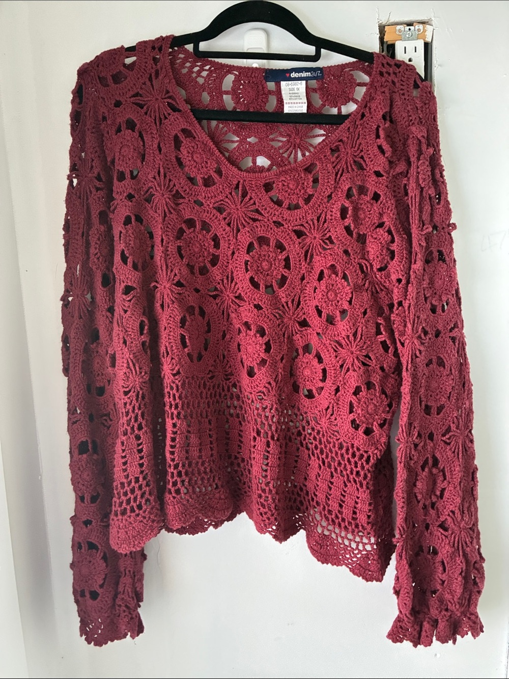 Boho Fairy Sleeves Women's Wine Crochet Scoop Neck Sweater 1X excellent